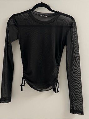 Zara Black Sheer Long-Sleeve Mesh Top with Side Ties